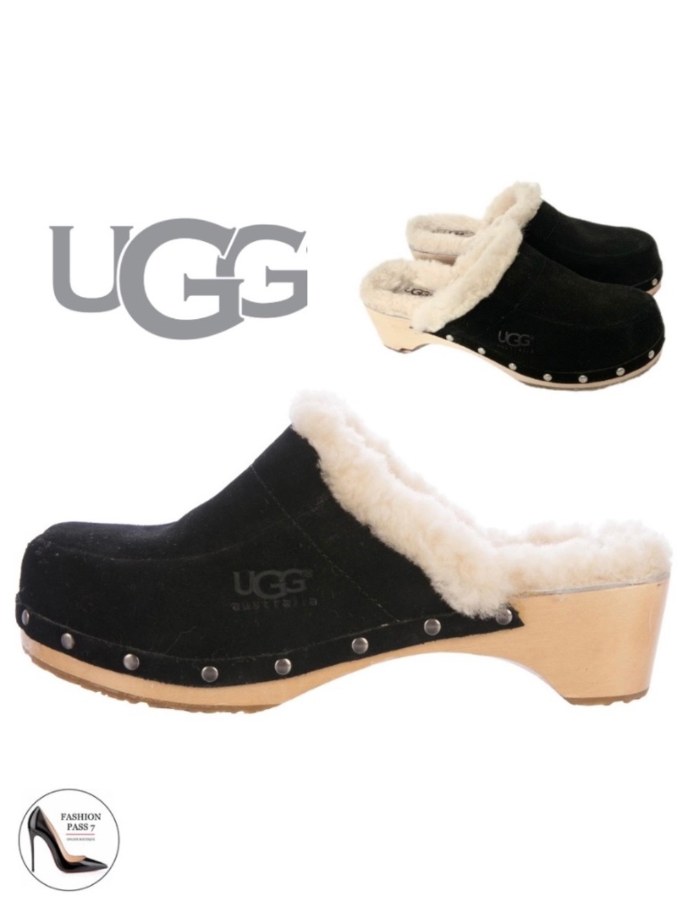 UGG Australia Kalie Black Suede Shearling Clogs Wooden Platform Block Heel Mules